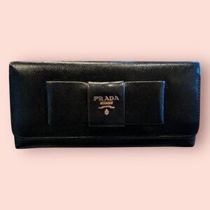 Authentic Prada Black Saffiano Bow Long Wallet